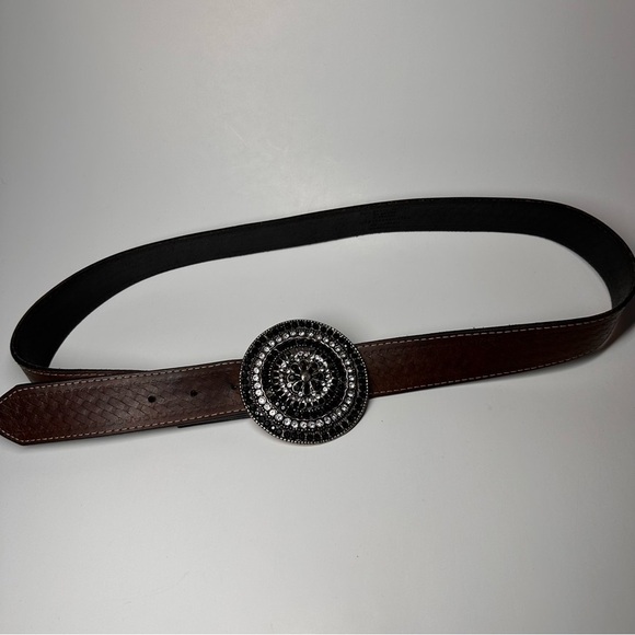 Western Belt Rhinestone Brass Medallion Leather Size L/XL 35\